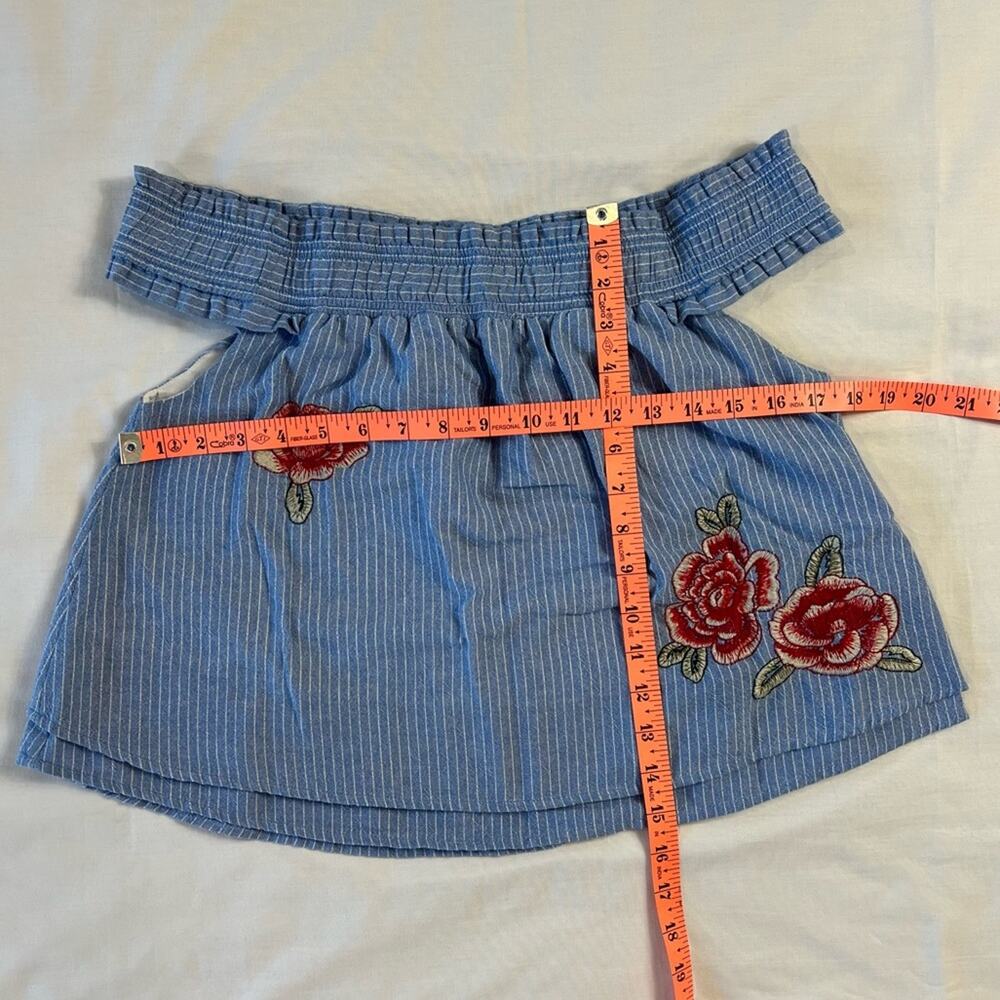 Boho Festival Off Shoulder Rose Embroidered Blue Stripe Crop Top Medium Shirt - Picture 4 of 8